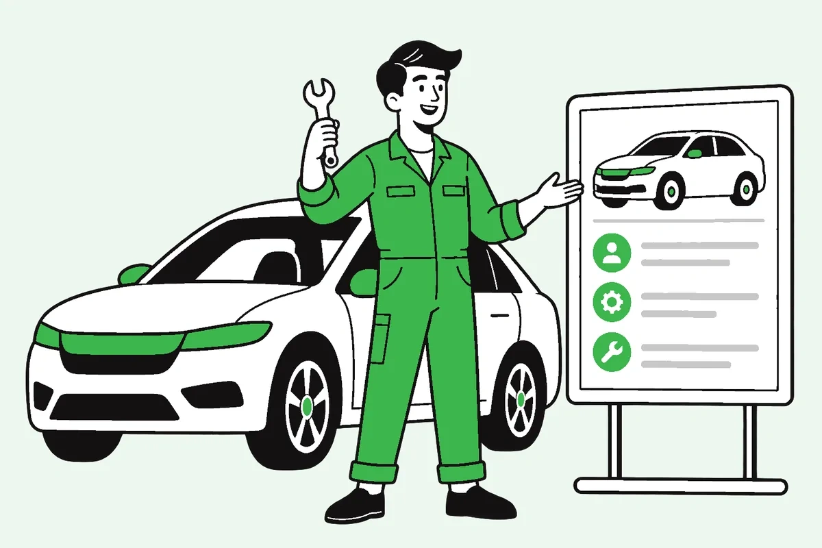 Illustration of a mechanic holding a wrench beside a car and a business profile board