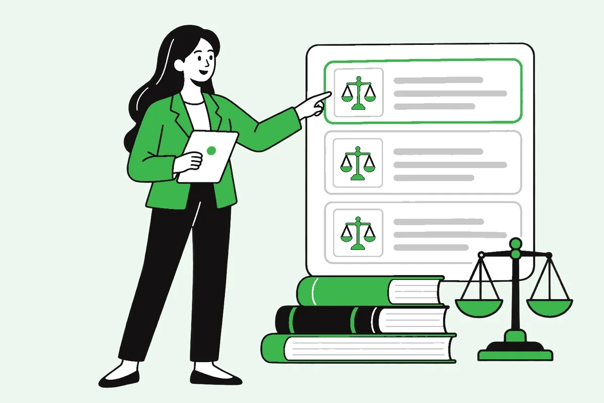 Illustration of a woman comparing lawyer profile cards beside law books and scales of justice